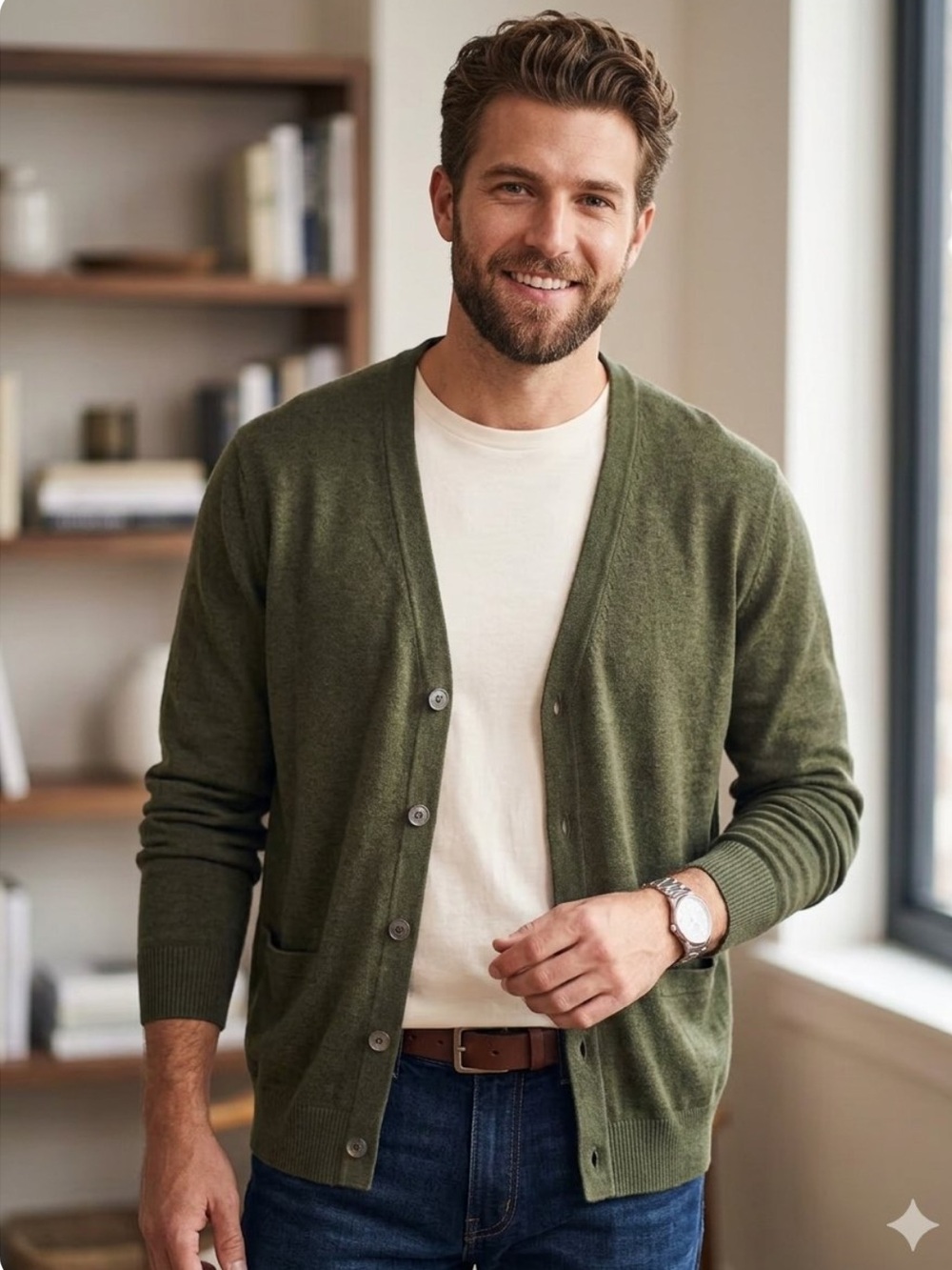 Lands’ End Cardigan Sweater Supima Cotton Olive Grandpacore M